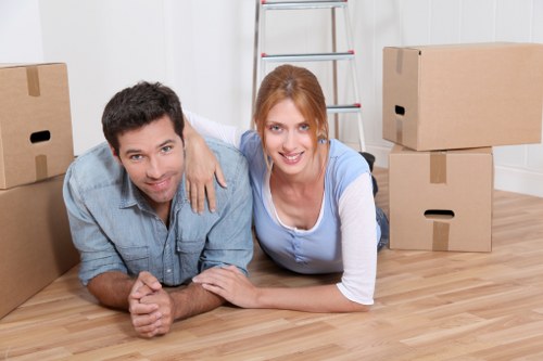Packed office crates and furniture ready for a business move